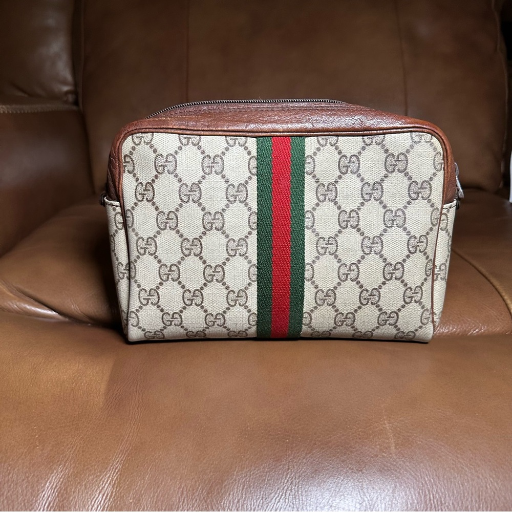 Gucci Brown and Tan Pouch or Bag with GG Monogram and Striped Accent
